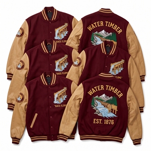 Chaqueta Letterman al por mayor, abrigo universitario de lana granate, bordado Water Timber Race Flume, mangas de cuero beige, estilo bomber. - Product Image 1
