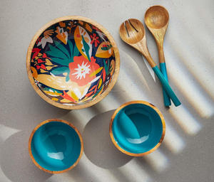 Tazones para Servir Ensaladas Decorativos de Madera Pulida con Diseño Impreso, Ecológicos, con Cuchara, Clásicos para Fiestas, Accesorios de Cocina para el Hogar, Falak World - Product Image 5
