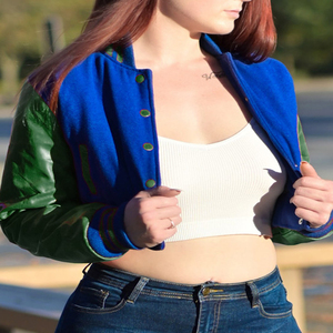 Chaqueta Corta Estilo Universitaria para Mujer, Color Azul Rey y Verde, Estilo Bomber, Mangas de Cuero Sintético, Ropa Exterior Informal, Moda Femenina - Product Image 3