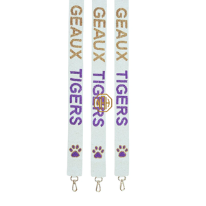 Sangle de sac brodée perlée Geaux Tigers blanc, violet, jaune, avec motif patte et quincaillerie dorée, vente en gros usine - Product Image 4