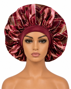 Bonnet de nuit en satin pour femme, motif géométrique, imprimé doré bordeaux, élastique réglable 56-58CM, style tendance, usage domestique - Product Image 1