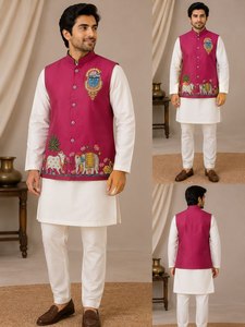 White <b>Men's</b> <b>Kurta</b> Set With Hand Drawn Elephant Embroidery Traditional Indian Wedding Wear Cotton Regular Fit - Product Image 4