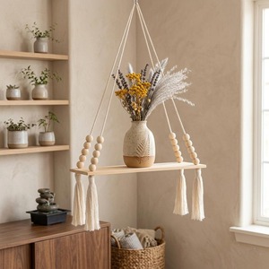 Elegant Macrame Hanging Shelf With Wooden Base Beads And Tassels For Living Room Bedroom Decor Storage And Display From India - Product Image 1