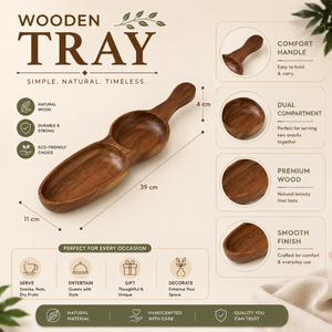 Plateau de service pour en-cas en bois d'acacia artisanal avec poignée |   Plateau à fruits secs à double compartiment, organisateur de table décoratif, cadeau - Product Image 5