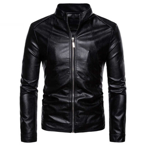 Men's Black PU Leather <b>Jacket</b> Stand Collar Zipper Closure Moto Biker Style <b>Slim</b> <b>Fit</b> Autumn Solid Color Regular Sleeve - Product Image 5