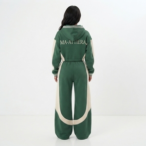 Ensemble de survêtement pour femme, couleur verte, avec veste à capuche zippée et pantalon de survêtement à jambes larges - Product Image 2