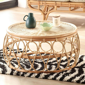 Elegant High Quality Handcrafted Natural Rattan Round Coffee <b>Table</b> Openwork Bentwood Frame Accent Side <b>Table</b> For Living Room - Product Image 5