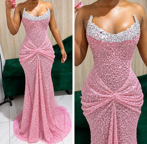 Luxury Pink Crystal Beaded Modest Sweetheart Bodycon Evening <b>Dress</b> <b>Spaghetti</b> <b>Strap</b> Sequin Formal Party Sweep Train - Product Image 1