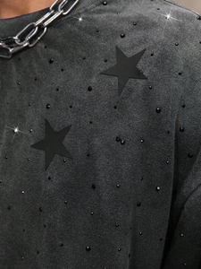 Black Acid Wash Custom Star Print Oversized <b>Men's</b> T-Shirts Rhinestone <b>Studs</b> Custom Streetwear Top Fashion Loose Fit T Shirts - Product Image 3