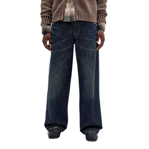 Jean large pour homme, coupe décontractée, denim bleu foncé délavé, pantalon streetwear décontracté, respirant, séchage rapide, taille mi-haute, poches utilitaires, cinq poches - Product Image 1