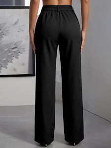 Pantalones de Verano para Mujer, de Cintura Alta, Pierna Ancha, Largos, de Color Sólido, Satinados, Cómodos, 100% Poliéster, Elegantes, Corte Recto, con Cierre - Product Image 2