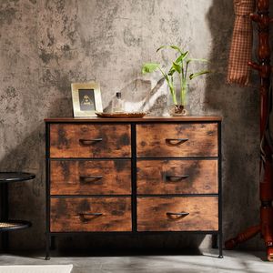 Commode de chambre à coucher marron doux avec 6 larges tiroirs de rangement en tissu cadre en métal et support de télévision en bois inclus - Product Image 4