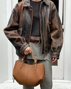 <b>Womens</b> Distressed <b>Brown</b> Vintage Sheep <b>Leather</b> Bomber <b>Jacket</b> Oversized Winter Coat - Product Image 3
