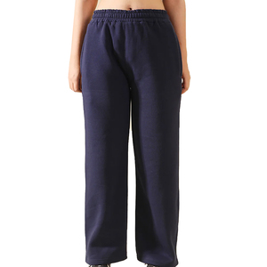Pantalon large en molleton bleu marine pour femme, taille élastique, coupe ample, longueur intégrale, décontracté, pour l'automne, couleur unie, en maille - Product Image 1