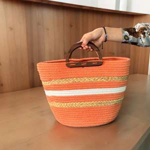 Panier de rangement rond en coton et jute bleu fait main, tricoté à la main, écologique, léger, élégant, avec poignée courte, pour la maison et le bureau - Product Image 5