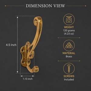 SHUBHAM Gold Brass Wall <b>Hook</b> Double <b>Coat</b> <b>Hook</b> <b>Decorative</b> Ironside Mounted Hanger for Entryway Bedroom Bathroom - Product Image 3