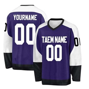 Maillot de hockey sur glace personnalisé sublimé violet blanc noir avec nom d'équipe col en V manches longues - Product Image 6