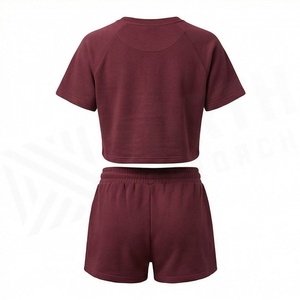 Women's 2 Piece Knitted Solid Color Short Sleeve <b>Crop</b> <b>Top</b> and Above Knee Shorts Set Casual Loose Fit Spring Summer Wear - Product Image 2