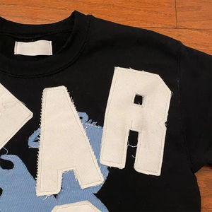 Popular Men's Bold Men's Oversized Black T <b>Shirt</b> with <b>Patchwork</b> Letters and Blue Flame Graphic Streetwear Cotton Tee - Product Image 3