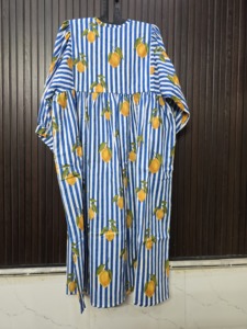 Blue White Striped <b>Lemon</b> Print Cotton Full Sleeve Floor-Length <b>Dress</b> Empire Waist A-Line Romantic Club <b>Dress</b> Adult Style - Product Image 2