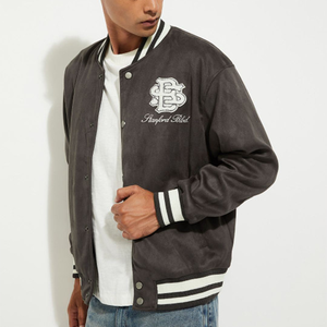 Men <b>Suede</b> Varsity <b>Jacket</b> Embroidered Letter Logo Preppy Style Regular Fit Turn-down Collar Single Breasted chenille custom patch - Product Image 1