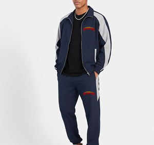 Ensemble de survêtement pour homme, couleur marine, blocs de couleurs brodés, pantalon de jogging en coton tricoté et veste à capuche, vêtements d'hiver - Product Image 1