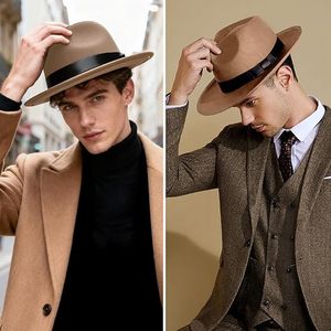 Classic Brown Wool Fedora <b>Hat</b> with Black Ribbon <b>Band</b> Wide Brim Unisex Casual Style for Spring Summer Adults - Product Image 5