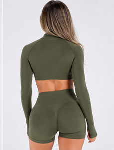 Custom Women's Fitness <b>Set</b> Olive <b>Green</b> Half Zip Sleeveless Crop Top Mid Waist Shorts Solid 2-Piece Yoga <b>Gym</b> Activewear Front - Product Image 2
