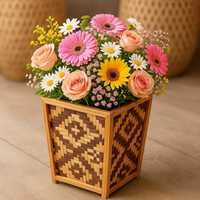 Pot de fleurs carré en bambou durable, tissé et sculpté à la main |   Jardin suspendu écologique, biodégradable et durable pour l'intérieur et l'extérieur