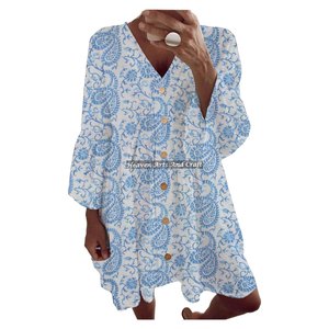 Vestido de Primavera/Verano para Mujer, 100% Algodón Orgánico, Diseño con Estampado Artesanal, Tinte Ecológico, Manga Campana - Product Image 5