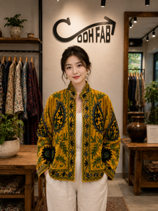 เสื้อแจ็คเก็ตกำมะหยี่สีเหลืองมัสตาร์ดปักลายซูซานีสำหรับผู้หญิง ปักลายดอกไม้เพสลีย์สไตล์โบฮีเมียน เสื้อคลุมดีไซน์เนอร์สไตล์ชาติพันธุ์ ขายส่งจากอินเดีย - Product Image 3