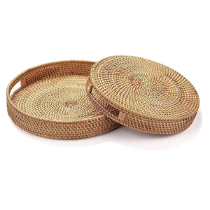 Plateau de service en rotin naturel de qualité supérieure, fabriqué à la main, avec poignées en bois, organisateur de cuisine durable en rotin pour plateaux décoratifs - Product Image 2