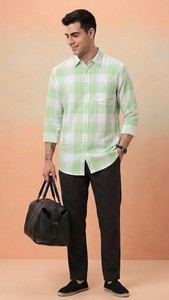 Camisa Casual de Hombre, de Algodón, a Cuadros Verdes, de Doble Botonadura, Tejida, de Manga Larga, con Cuello Clásico, Transpirable, Estilo Veraniego - Product Image 3