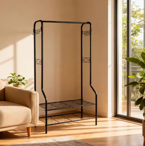Adjustable Metal Garment Rack with Double <b>Shelves</b> <b>Hooks</b> Heavy Duty Clothes Hanger Stand for Bedroom Laundry Storage Display - Product Image 2