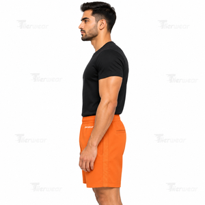 Shorts de bain orange pour hommes, séchage rapide, taille élastique, décontractés, avec poches, couleur unie, logo frontal, shorts de sport pour hommes - Product Image 3