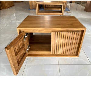 Meuble de salle de bain moderne en teck massif, 2 portes, design de rangement en bois naturel, fournisseur de meubles OEM ODM d'Indonésie - Product Image 3