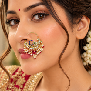 Vente en gros de bijoux de mariée indiens traditionnels plaqués or Kundan Nath, avec des perles et des pierres rouges et vertes - Product Image 2
