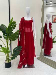 Conjunto de Kurti Rojo de Diseñador, Corte Ajustado y Largo, con Pantalones Palazzo Anchos, Bordado Anarkali, Ropa India para Fiestas, 3 Piezas, Personalizado, Venta al Por Mayor - Product Image 4