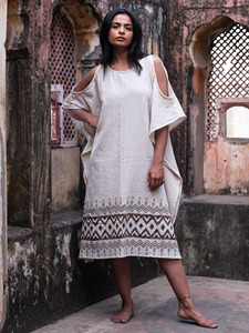 Elegant Handwoven Off-<b>White</b> Khadi Cotton Kaftan Dress for Women featuring Trendy Cold-Shoulder Cutouts Boho-Chic Kimono Sleeves - Product Image 6