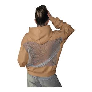Sweat à capuche oversize noir pour femme en molleton avec logo imprimé, dos nu, empiècements en maille à sequins, coupe ample, style streetwear - Product Image 6