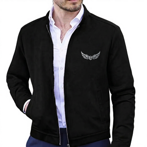 <b>Men's</b> Black <b>Jacket</b> Stand Collar Zipper Front Embroidery Logo <b>Smart</b> Casual Autumn Wear Regular Fit - Product Image 5