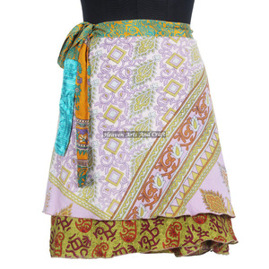 Indian Reversible Sari <b>Wrap</b> Around Mini Skirts For Sale Women's Boho Print Casual <b>Beach</b> Mini Skirt <b>Wrap</b> Summer Beachwear - Product Image 1