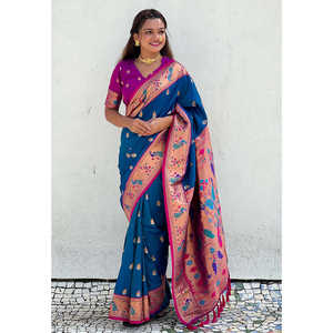 Sari de Seda Paithani Azul Chandrakor Swan Yeola de Elite Weaves con Contraste Tejido en Zari, Ropa India y Pakistaní - Product Image 2
