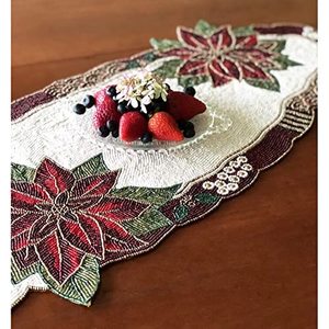 Embroidered Floral Table <b>Runner</b> Red Green White Poinsettia Pattern Traditional Home Decor <b>Washable</b> - Product Image 3