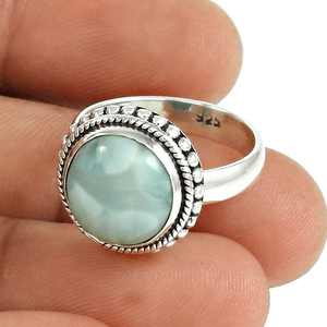Vente flash - Anneaux tendance en argent sterling 925 avec pierre précieuse Larimar naturelle, coupe ronde vintage, anneaux bohèmes unisexes - Product Image 3