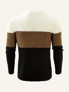 Pull en maille côtelé à col rond pour homme, coupe ajustée, color block, rayé, décontracté, chaud, pour l'hiver, tricot tendance pour homme - Product Image 2