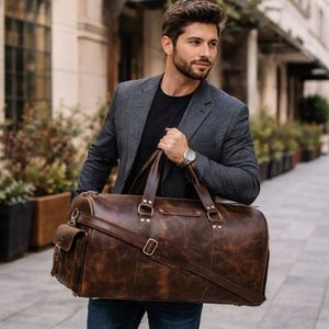 Bolsa de Viaje Tipo Duffel de Cuero Genuino, Forma de Barril, Clásica para Hombre, con Dos Asas, Cierre de Remache, Gran Capacidad - Product Image 1
