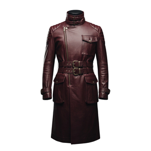 Men's <b>Burgundy</b> Genuine Leather Knee Length <b>Trench</b> <b>Coat</b> Stand Collar Zipper Closure Regular Sleeve - Product Image 4