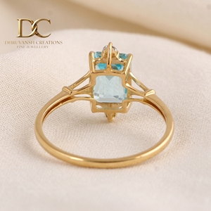 Bague pour femme de haute qualité en or jaune massif 14 carats avec diamant de laboratoire et Yag Paraiba Blue, bijoux minimalistes certifiés IGI - Product Image 2