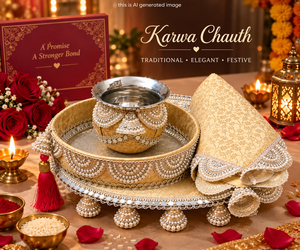 Ensemble de thali Karwa Chauth, 3 pièces, thali décoratif pour la prière avec bol Karwa, tasse en acier inoxydable pour les femmes, célébration festive - Product Image 2